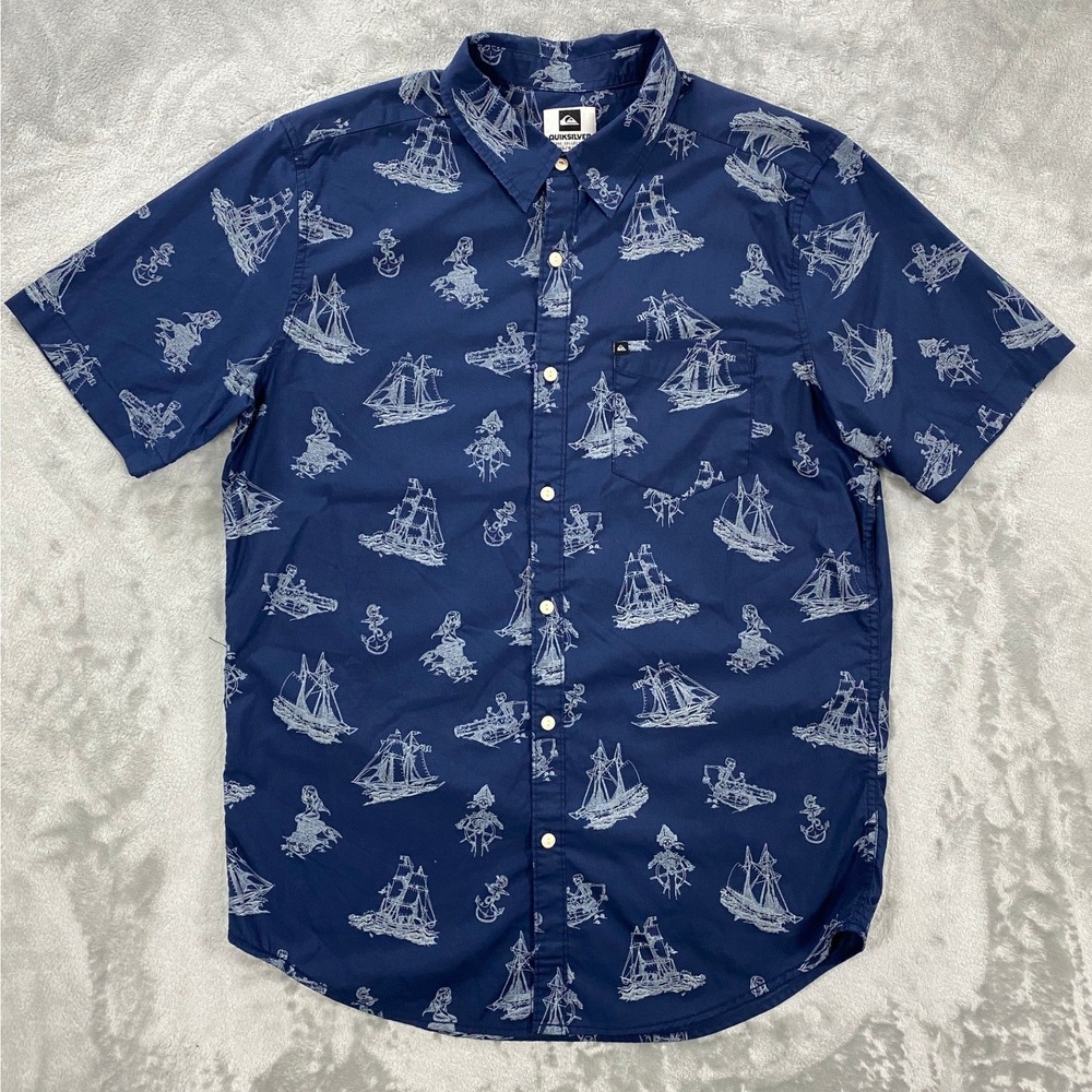 Quiksilver Nautical Skulls Pirate Ship Mermaid Button Down Shirt Men L Blue Surf